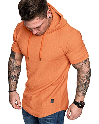 Mens Fashion Hoodies Sport Pullover Solid Color Shirt Workout Lightweight Tops Orange