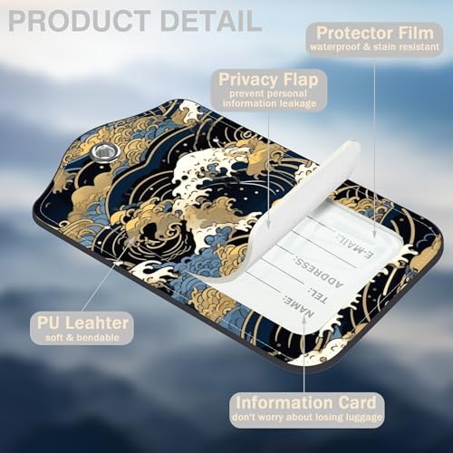 Japanese Art Blue and White Waves Set of 2 Luggage Tags for Suitcases Leather Suitcase Tags Identifiers with Privacy Name Label and Stainless Steel Loop for Women Men Travel Luggage Accessories (2 Count)