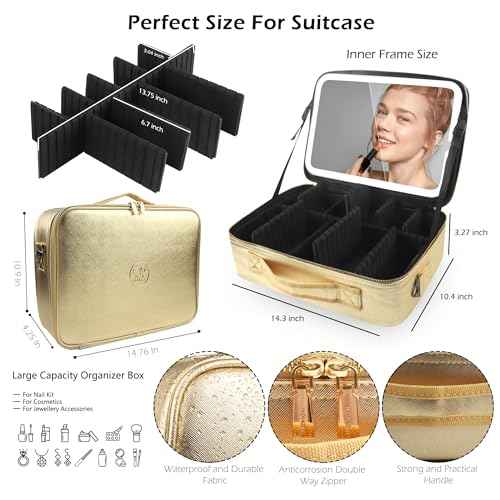 Large Makeup Train Case with Lighted and Mirror 14inch Partitionable Cosmetic Bag Travel Makeup Case Professional Cosmetic Artist Organizer