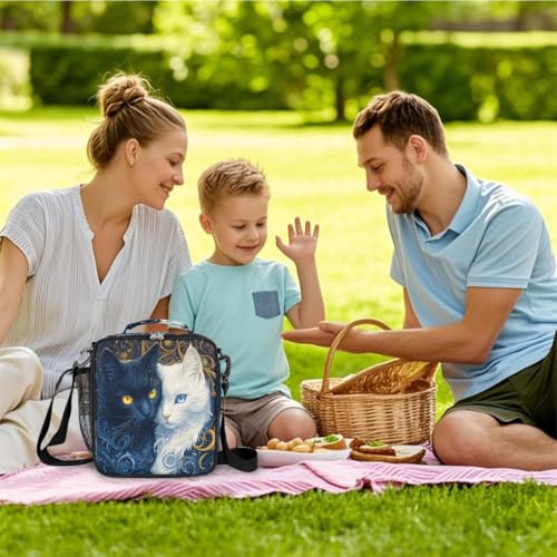 Blue White Cat Kids Lunch Box for Girls Boys Reusable Insulated Lunch Bag for Kids Toddler Thermal Cooler Spacious Lunchbox with Shoulder Strap Lunchbag for School Work Picnic (A05:Cat)