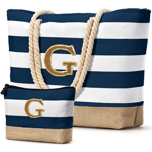 Beach Bag Initial Beach Tote with Makeup Bag for Travel Work Storage Personalized Birthday Gifts for Women Her