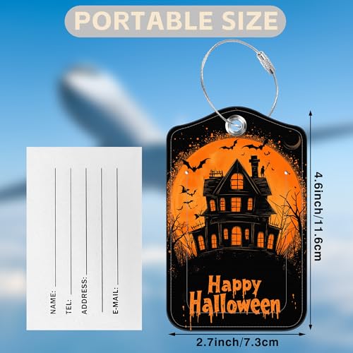 2 Pack Bat and Ghost Luggage Tags for Suitcases Happy Halloween Castle Leather Luggage Tags Privacy Cover ID Label with Stainless Steel Loop and Address Card for Women Men Travel Bag Backpack (2 Count)