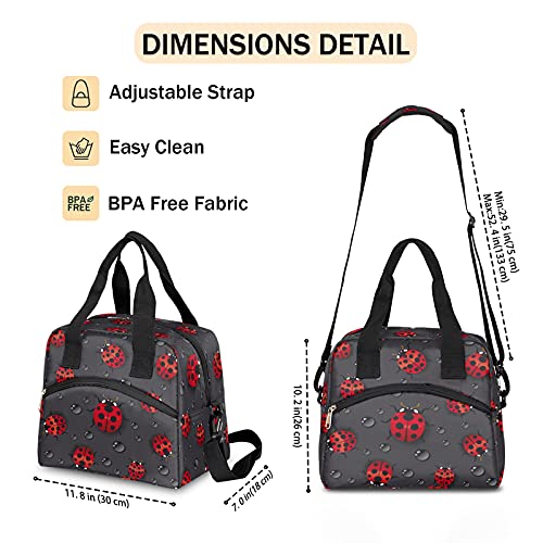 Funny Animal Ladybug Insulated Lunch Bag with Detachable Shoulder Strap Tote Bag for Women Men Adult Reusable Containers Organizer Thermal Cooler Bag for School Work Travel Lunch Box (B:Funny Ladybug)