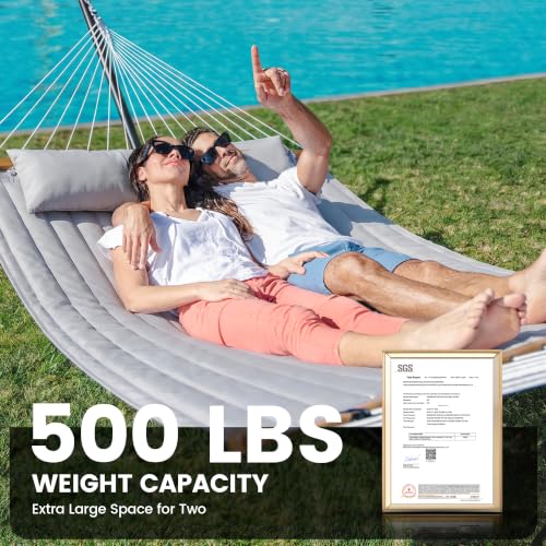 Double Hammock with Stand 500lbs Heavy Duty Outdoor Two Person Gray