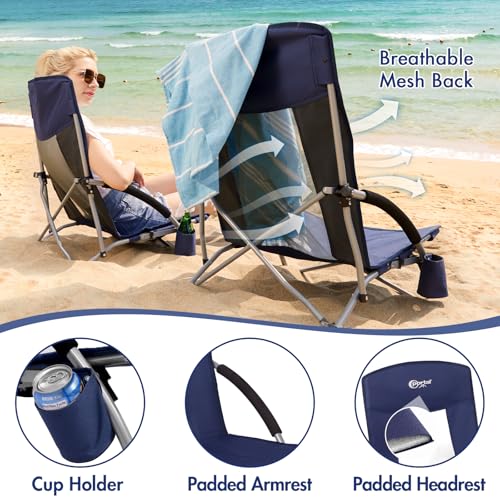 Beach Chairs for Adults 2 Pack High Back Low Folding Camping Chair Portable Lightweight with Cup Holder for Travel (2 Count)