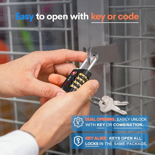 Dual-Opening: Key or Combination Access Lock, TSA Approved Locks for Luggage, Pelican case, Travel, Gym, School, Stainless Steel Shackle. (Black, 4 Pk) (4 Count)