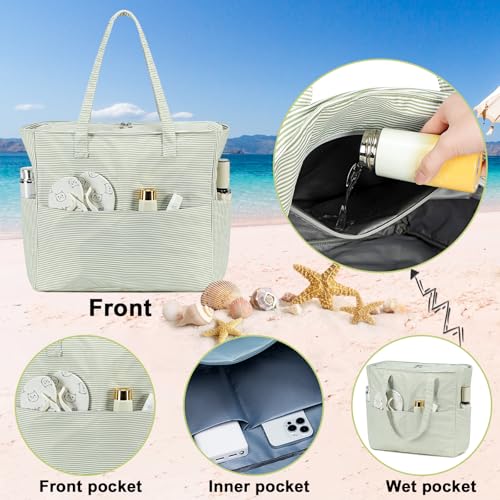 Waterproof Beach Tote Pool Bags for Women Ladies Extra Large Gym Tote Carry On Bag With Wet Compartment for Weekender Travel