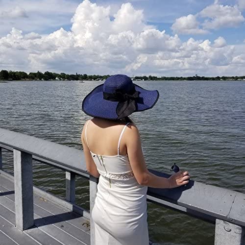 Womens Big Bowknot Straw Hat Floppy Foldable Roll up Beach Cap Sun Hat UPF 50+ ACA Navy