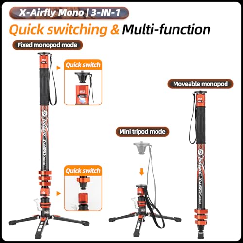 73" 3-in-1 Carbon Fiber Monopod with Pedal, Carbon Fiber Travel Monopod with Feet Max Load 22lbs for DSLR Camera Stabilizer Videography Kit, X-Airfly Mono Grey