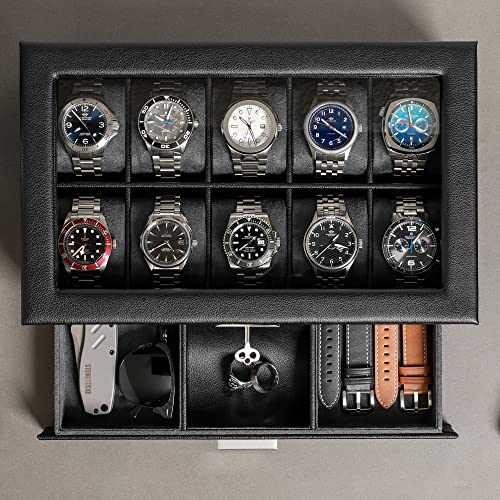 10 Slot Watch Box in Leather with Valet Drawer