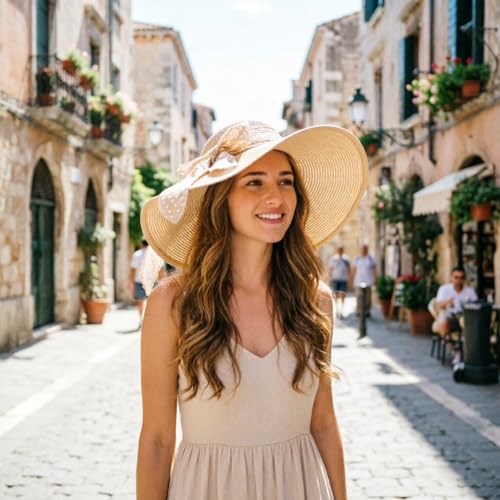 Wide Brim Sun Hat for Women Floppy Straw Hat Summer Beach Hats Fashionable Trendy Hats Sun Protection UPF 50+