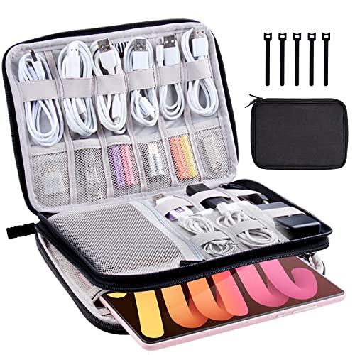 Electronics Organizer Travel Case Cord Cable Charger Organizer Bag Travel Accessories Essentials for Women Men Double Layers Tech Pouch with 5 Cable Ties for Phone Power Bank SD Card USB