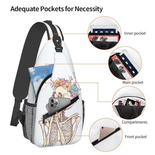 Sling Bag Skeleton Flower Skull Hiking Daypack Crossbody Shoulder Backpack Travel Chest Pack for Men Women