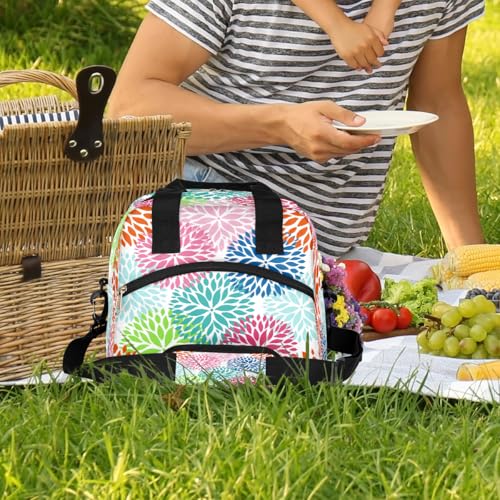 Colorful Flower Floral Insulated Lunch Bag for Women Girl Reusable Lunch Tote Box With Shoulder Strap Lightweight Thermal Cooler Meal Prep Bag for Work School Office Picnic (print 20)