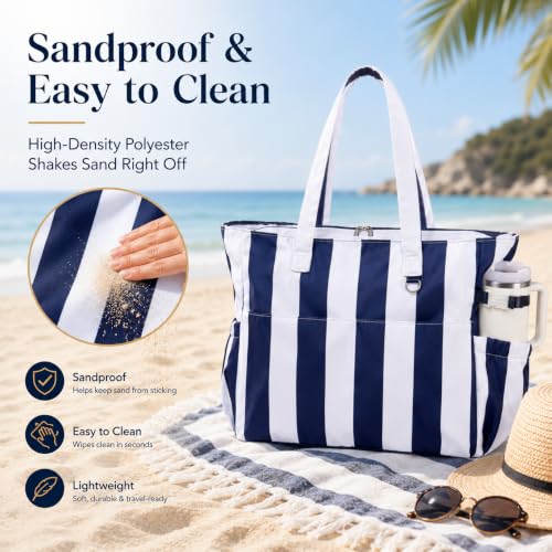Beach Bag Waterproof Sandproof Women Beach Tote Pool Bag with Zipper for Gym Grocery Travel with Wet Pocket