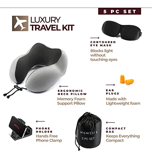 Airplane Neck Pillow Includes Travel Pillow + Airplane Phone Holder Mount + Eye Masks + Earplugs for Travel (2 Count)