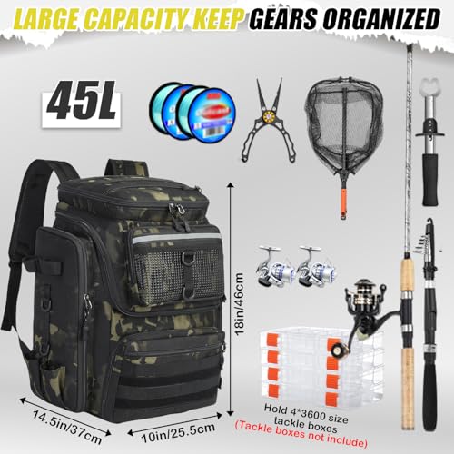 45L Fishing Backpack with Rod Holders & Built