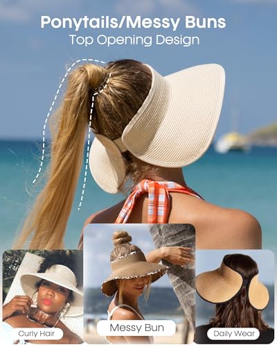 Womens Sun Hat with Ponytail Hole Wide Brim Beach Straw Visor Khaki