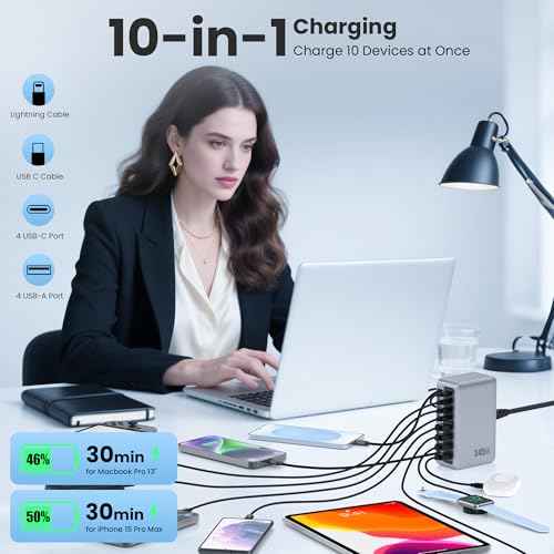 345W USB C Charger 10 in 1 Retractable Wall Charger with 2 Cables