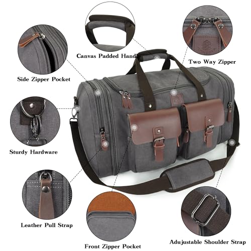 Canvas Duffle Bag for Men 50L Travel Duffel Bags Expandable Genuine Leather Duffel Overnight Weekender Carry On Bag Two Zipper Pockets Travel Bag