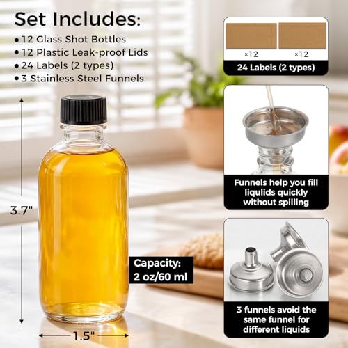 12 Pack 2 oz Small Clear Glass Bottles w (12 Count)