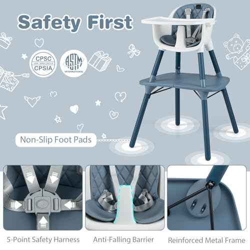 6-in-1 High Chair, Convertible Highchair for Babies and Toddlers/Kids Chair Table Set/Infant Feeding Chair w/Safety Harness, PU Leather Cushion & Removable Food Tray (Blue)