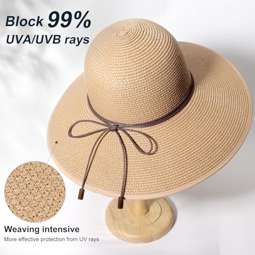 Womens Sun Straw Hat Bowknot Hat Summer Wide Brim Bucket Hats Foldable Beach Sun Hats Roll up UPF 50+