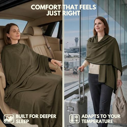 16-in-1 Compact Travel Blanket with Bag – Reversible, Ultra Soft Bamboo Airplane Blanket with Hidden Pocket - Lightweight & Packable for Flights, Camping, Picnic, Travel Essentials (Olive/Black)