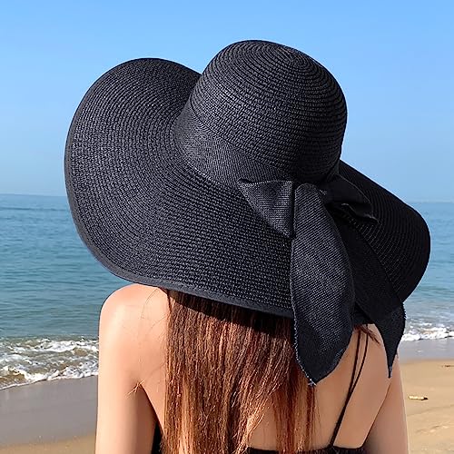 Women Wide Brim Bow Straw Hat Floppy Foldable Beach Sun Hat Roll up Cap UPF 50+