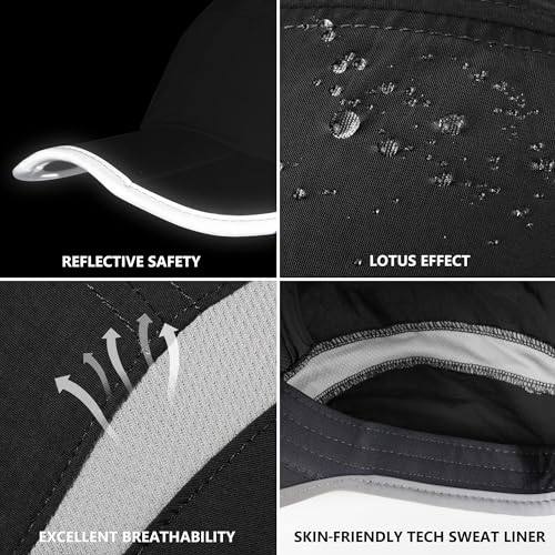 Foldable Run Hat Reflective Baseball Cap Quick Drying Sports Hat for Men Woman Adjustable 50+ UPF Breathable Mesh Water Repellency Outdoor Race Performance Lightweight Black