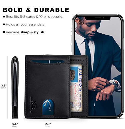 RFID Blocking Slim Bifold Genuine Leather Minimalist Front Pocket Wallets for Men with Money Clip Thin Gift