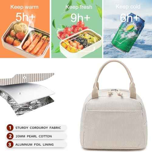 Lunch Bag for Women Men Cute Corduroy Lunch Tote Bags Reusable Insulated Lunch Box Large Capacity Reusable Insulated Cooler for Work Picnic or Travel