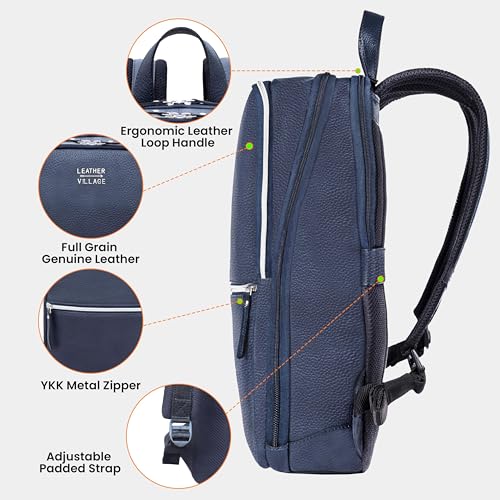Leather Laptop Backpack for Men with Trolley Strap 16L Blue