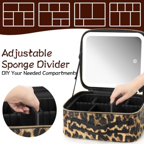 Makeup Travel Train Case with Mirror LED Light 3 Adjustable Brightness Cosmetic Bag Portable Storage Adjustable Partition Waterproof Makeup Brushes Makeup Jewelry Gift for Women