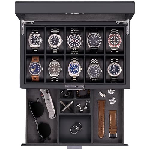 10 Slot Watch Box in Leather with Valet Drawer