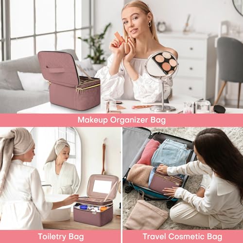 Large Makeup Bag with Mirror Double Layer Travel Make Up Organizer Case