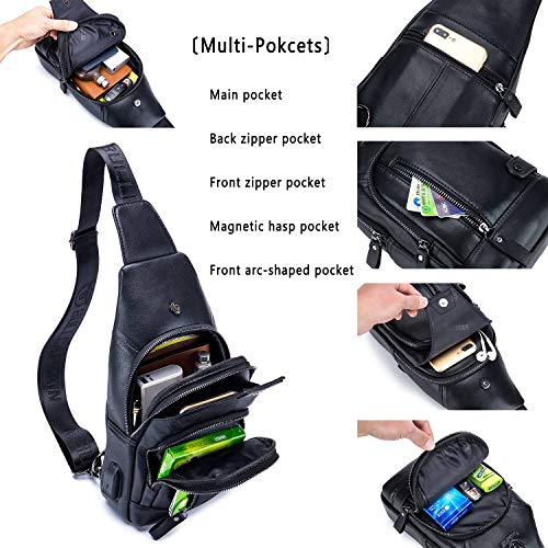 Leather Sling Bag Mens Chest Bag Casual Shoulder Crossbody Bags Travel Hiking Backpacks Daypack with USB Charging Port