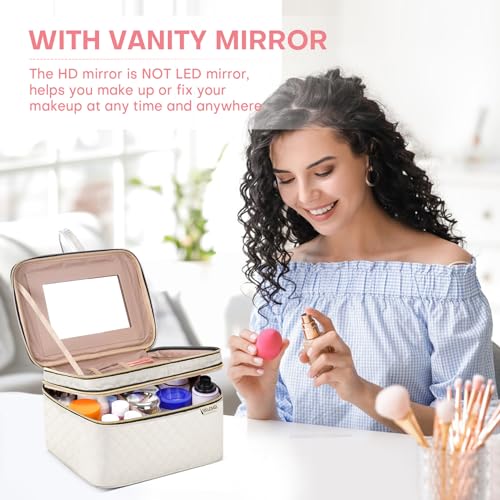 Large Makeup Bag with Mirror Double Layer Travel Make Up Organizer Case