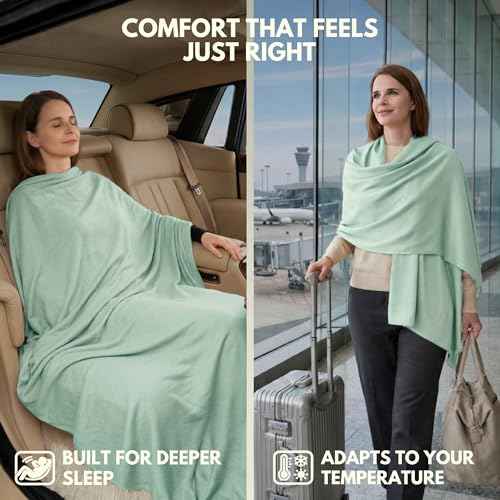 16-in-1 Compact Travel Blanket with Bag – Reversible, Ultra Soft Bamboo Airplane Blanket with Hidden Pocket - Packable for Flights, Camping, Picnic, Travel Essentials (Seafoam/Black)