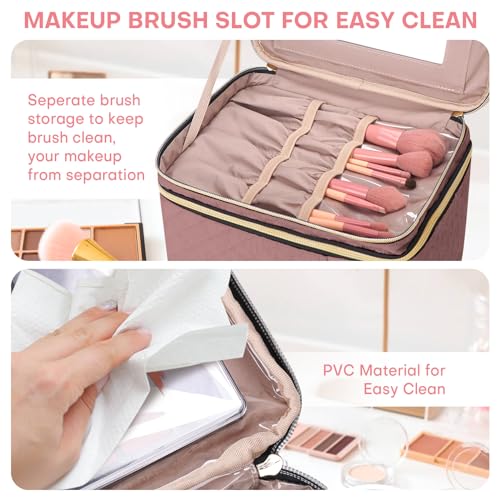 Large Makeup Bag with Mirror Double Layer Travel Make Up Organizer Case