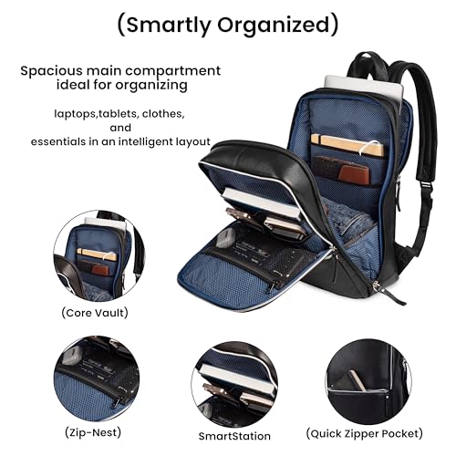 Leather Laptop Backpack for Men with Trolley Strap 16L Slim