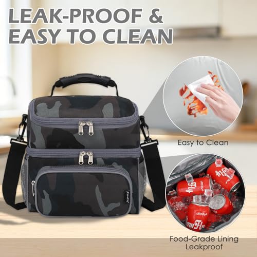 Double Layer Cooler Insulated Lunch Bag Adult Lunch Box Large Tote Bag for Men (Black#Camo)