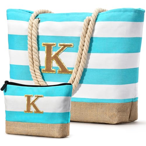 Beach Bag Initial Beach Tote with Makeup Bag for Travel