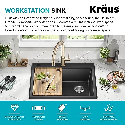 Bellucci 28 inch Granite Workstation Drop In Top Mount Single Bowl Kitchen Sink in White with Accessories