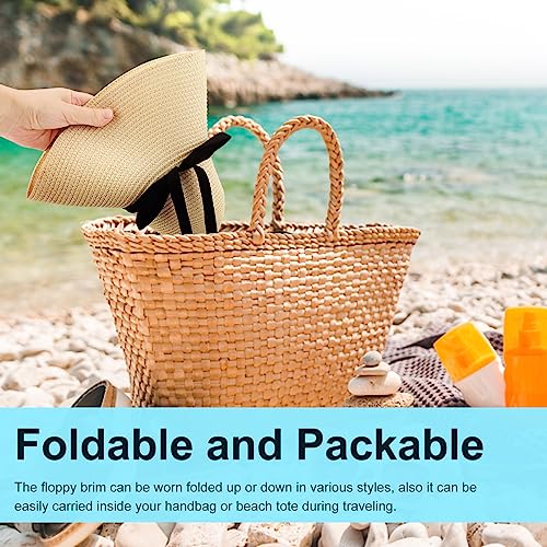 Womens Straw Hat Foldable Wide Brim Floppy Beach Sun Hat for Women Roll up Cap UPF 50+ Adjustable Strap Vacation