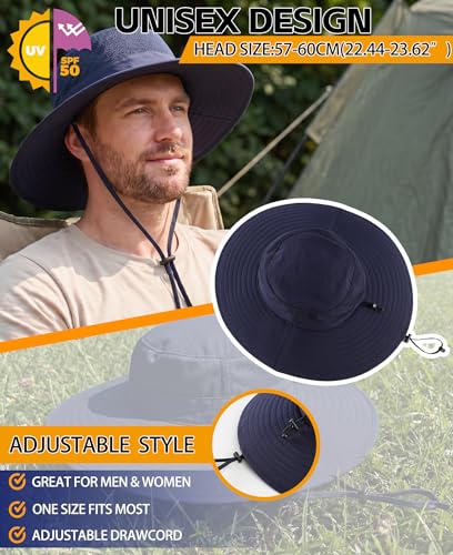 UPF50+ Mens Wide Brim Sun Hat Large Foldable Brim Bucket Hat for Fishing Gardening Womens UV Protection Hat Navy Blue