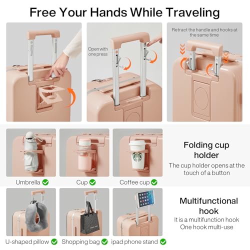 Carry On Luggage with Cup Phone Holder and Charger Hard Shell Suitcases with Spinner Wheels