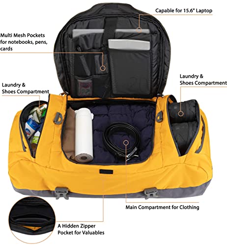 Large Duffel Backpack Gym Bag with Shoe Compartment Yellow 80L