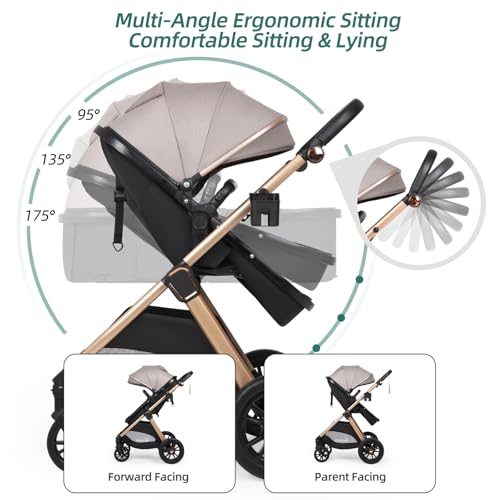 6-in-1 Convertible Baby Stroller with Bassinet Mode - Toddler Stroller w/Footmuff, Rain Cover, Cup Holder & Large Storage, Newborn w/All-Scene Large Wheels, Reversible Seat(Grey)