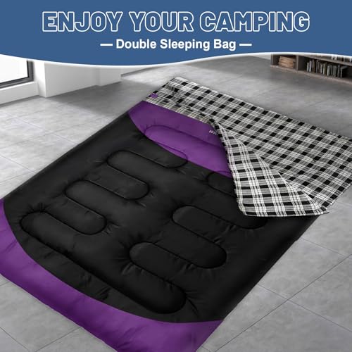 Double Sleeping Bag for Adults Machine Washable 2 Person Camping Sleeping Bag Queen Size Waterproof with Compression Sack for Cold Weather 3